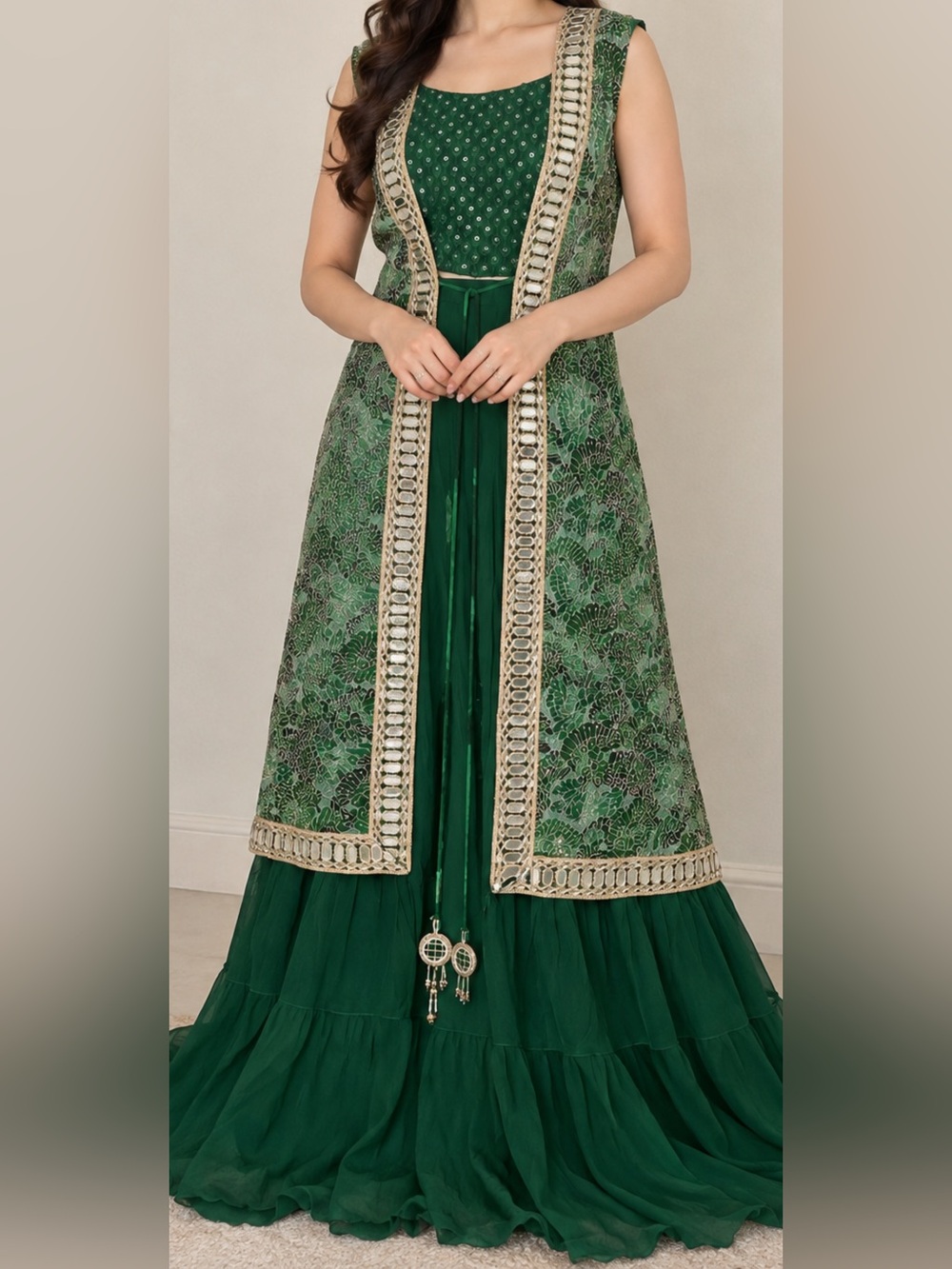 Green lehenga choli Sleeveless long Jacket mirror laces. M